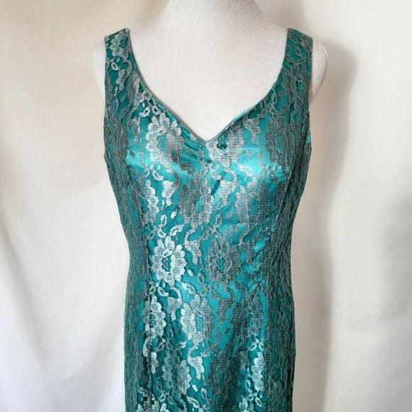 80s Handmade Teal Green Vtg Prom Lace Overlay Dress and Mermaid Hem - Picture 2 of 10